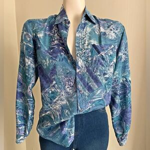 Vintage Blue Teal and Purple Abstract Button-Down Shirt